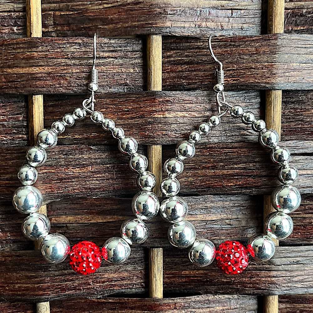 Silver and Red Bead Hoop Earrings